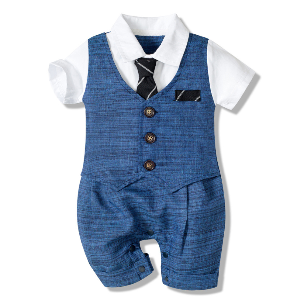 Romper suit in tuxedo style for boys, featuring a formal design with a bow tie and jacket details.